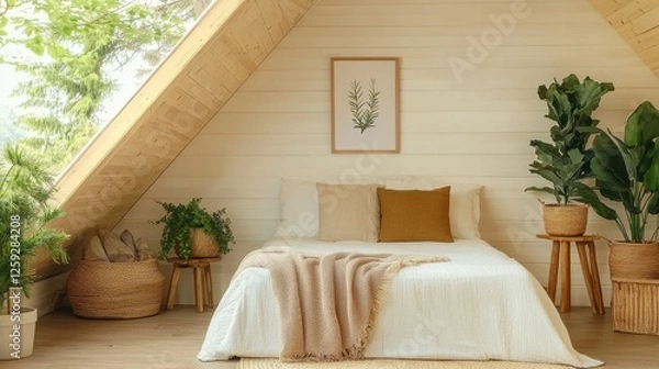 Obraz A cozy, minimalist bedroom featuring a bed with soft linens, plants, and natural light filtering through sloped wooden walls.