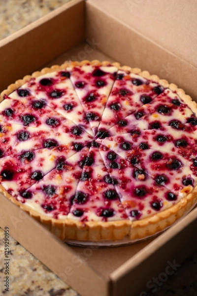 Obraz Freshly baked berry cheesecake tart in a gift box. Angle view of mixed berries pie.