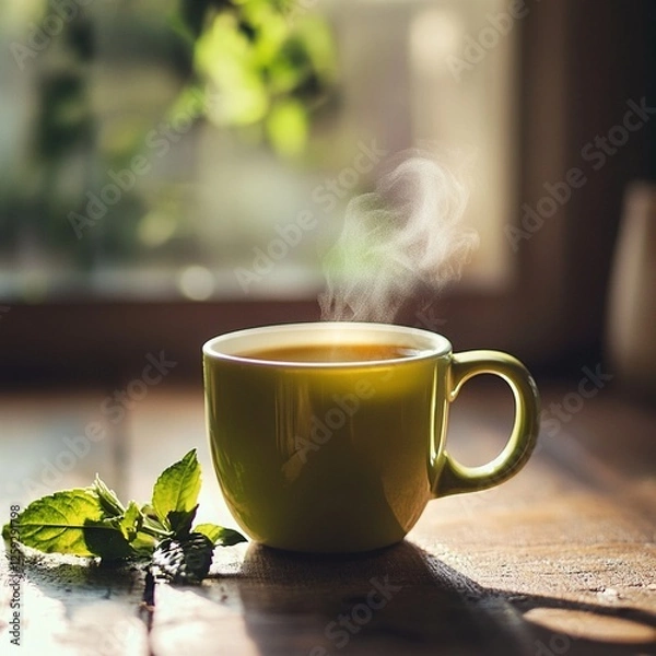 Fototapeta Steaming cup of tea on wooden table in sunlight. (1)