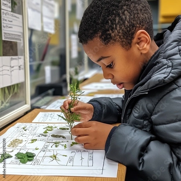 Fototapeta Child examining plants in educational setting.