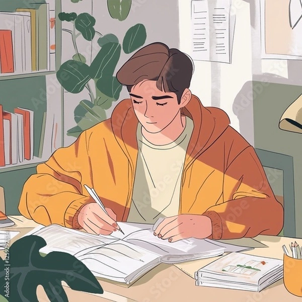 Obraz Young man studying at desk in sunlit room.