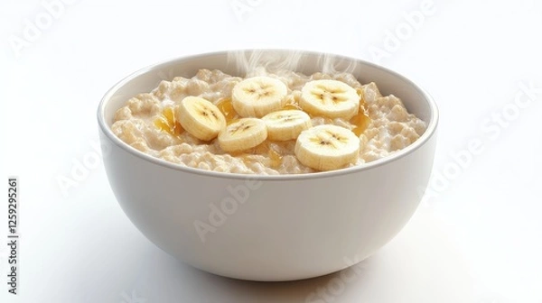 Fototapeta A bowl of steaming hot oatmeal, honey drizzle, banana slices, cozy atmosphere, soft light, 3D render, isolated on white background