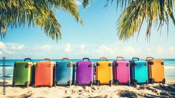 Fototapeta Colorful luggage lined up on a sandy beach under palm trees with a scenic ocean backdrop