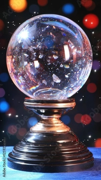 Fototapeta A beautifully crafted snow globe with shimmering particles against a vibrant, colorful bokeh background