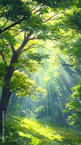 Fototapeta Sunlight filtering through lush green trees in a serene forest, creating a peaceful atmosphere