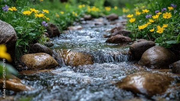 Fototapeta A serene stream flowing through vibrant wildflowers in a lush green landscape, evoking tranquility