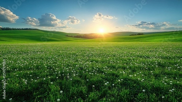 Fototapeta Serene sunrise over lush green fields with scattered flowers and soft clouds in the sky