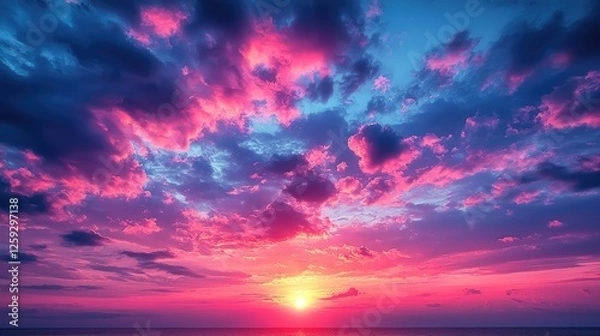 Fototapeta Vibrant sunset over the ocean with colorful clouds reflecting in the sky, serene atmosphere