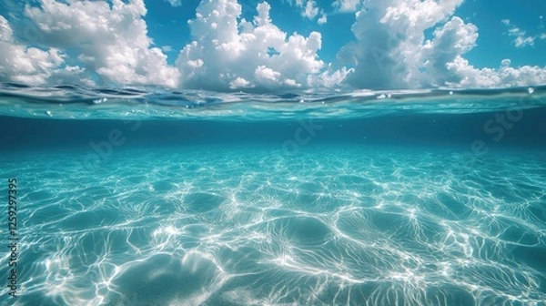 Fototapeta Clear turquoise ocean water under a bright sky with fluffy clouds, showcasing tranquil underwater scenery