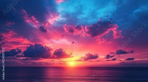 Fototapeta Vibrant sunset over the ocean with colorful clouds reflecting on the water's surface