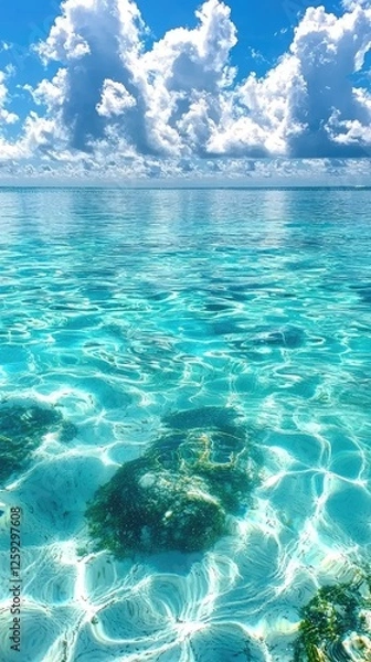 Fototapeta Serene turquoise waters with visible rocks beneath, under a bright sky with fluffy clouds