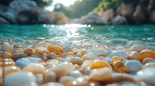 Fototapeta Close-up view of colorful pebbles submerged in clear water at a serene beach
