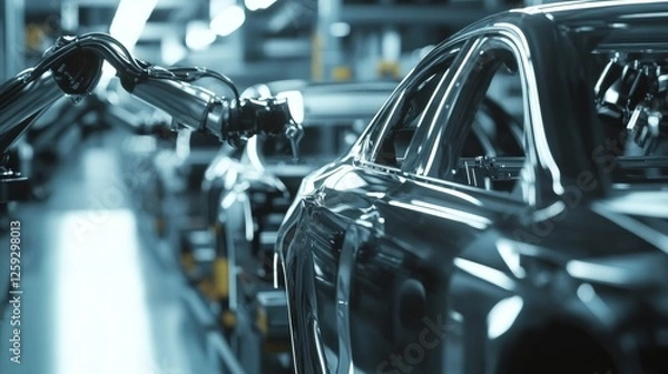 Fototapeta Automobile assembly line with robotic arms. Featuring car manufacturing. Highlighting automation and precision engineering. Ideal for automotive industry visuals.