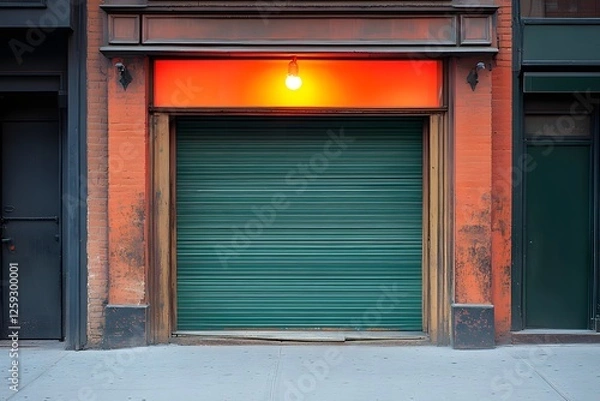 Fototapeta A closed storefront with a small, flickering light still on, symbolizing financial instability and the struggle of small business owners. 