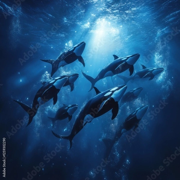 Fototapeta Group of Orcas Swimming in Deep Blue Ocean Light Rays