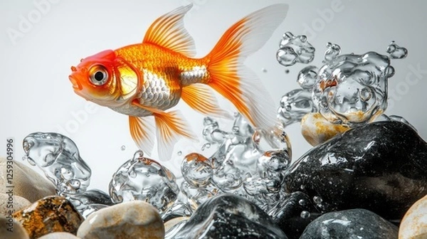 Obraz A vibrant goldfish swims amidst bubbles and stones, showcasing its shimmering scales and lively movement in a clear aquatic environment.
