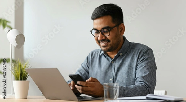 Fototapeta A man is sitting at a desk with a laptop and a cell phone