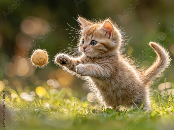 Obraz A small, fluffy orange kitten leaps joyfully after a fuzzy ball in a sun-kissed garden. The vibrant green grass enhances the playful atmosphere of the moment.