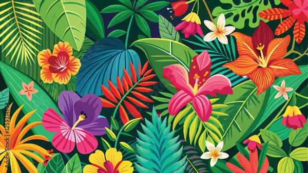 Fototapeta A vivid background filled with exotic flowers like orchids, hibiscus, and bird-of-paradise in bright colors, with lush green leaves. tropical flower background