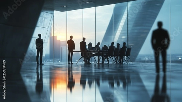 Fototapeta Silhouettes of business people in front of large window. A blurred meeting of people and business. A conference room in the office building with a computer. Lifestyle shadows of professionals.