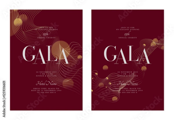 Obraz Charity gala dinner invitation features flowing, minimalist organic silver lines, gold particles on burgundy background, adding a touch of sparkle and dynamism