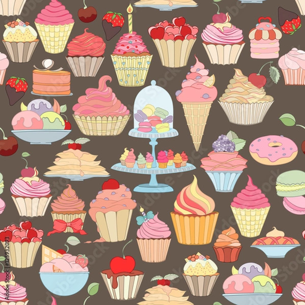 Fototapeta Hand-drawn vector seamless cupcake pattern