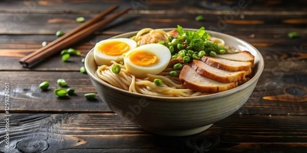 Fototapeta A steaming bowl of noodles with a savory sauce and various toppings such as sliced pork, boiled egg, and green onions , comforting food, restaurant style