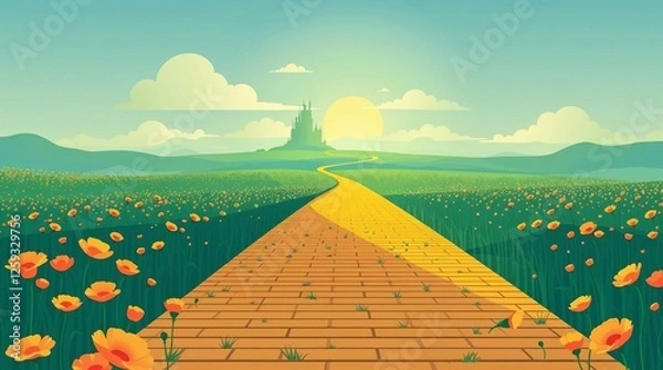 Obraz Modern flat design illustration of a yellow brick road leading through a poppy field towards a distant emerald city, Wizard of Oz concept, featuring hazy soft light, simple shapes, and a two-dimension