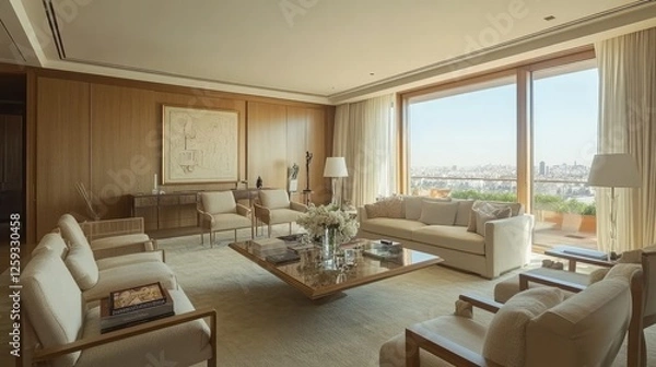Fototapeta A bright and open-concept living room with muted green walls, soft beige furniture, and wooden elements.