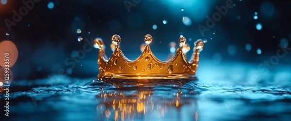 Fototapeta Golden crown splashing in water, bokeh background, royalty concept