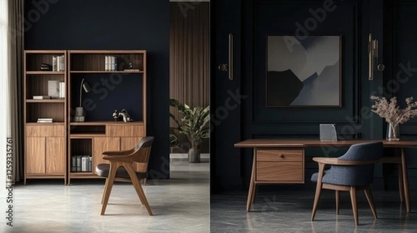 Fototapeta A minimal and chic office setup with navy walls, an open wooden bookshelf, and soft lighting.