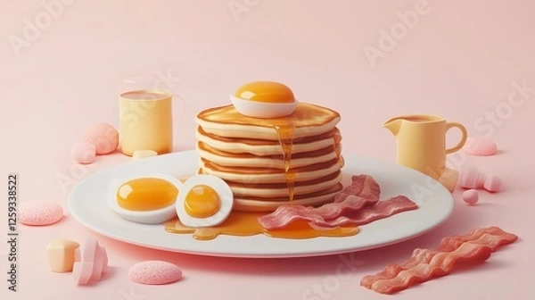 Obraz A classic American breakfast, pancakes, bacon, scrambled eggs, syrup, 3D illustration, realistic, isolated on white background.
