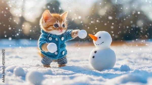Fototapeta Adorable Kitten Plays with Snowman in Winter Snow