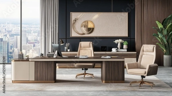 Fototapeta A stylish work environment with deep indigo walls, light wood furniture, and modern office decor.
