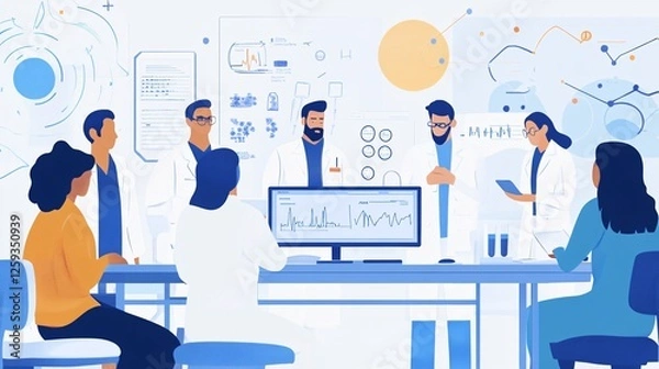 Fototapeta Group of scientists having meeting discussing new vaccine research in modern laboratory