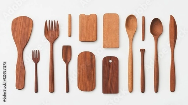 Fototapeta A top-down view of handcrafted wooden utensils and serving boards. Copy space.