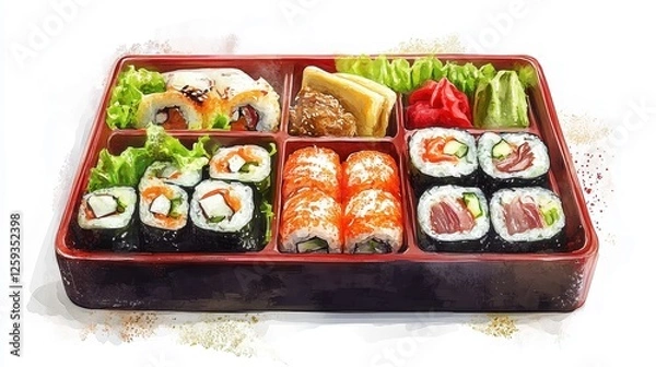 Fototapeta A gourmet bento box, sushi, fresh salad, artistic arrangement, detailed digital painting, soft light, isolated on white background.