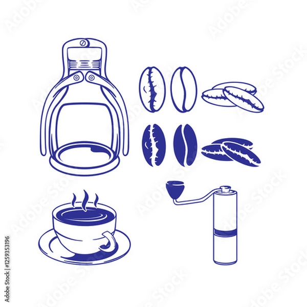 Fototapeta a cup of coffee and coffee making tools along with coffee beans in the form of a simple vector image