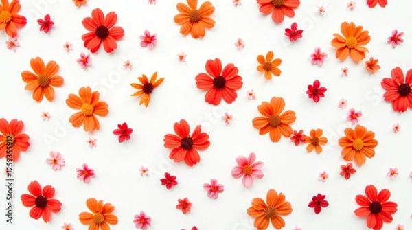 Fototapeta Floral pattern. Pretty flowers on a white background. Printing with small orange, red, and pink flowers. Ditsy print. Spring Bouquet.A white background, red and orange small flowers pattern.