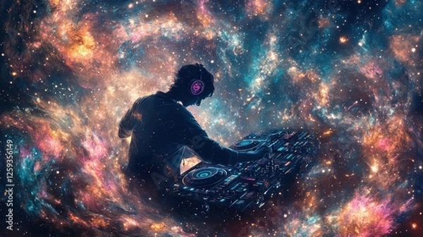 Fototapeta Silhouette of a dj mixing music within a vibrant nebula
