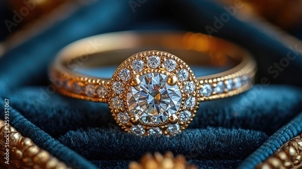 Obraz Exquisite golden engagement ring adorned with sparkling diamonds on plush velvet background