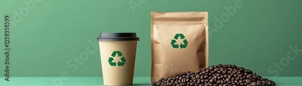 Fototapeta Biodegradable coffee cup and sustainable packaging with recycling symbol