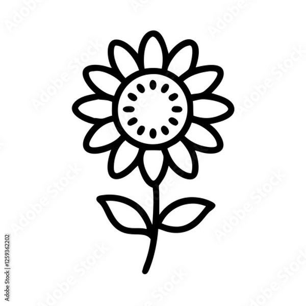 Obraz Sunflower icon in black outline with symmetrical petals and leaves, perfect for nature, floral, gardening, and eco-friendly themed digital or print designs