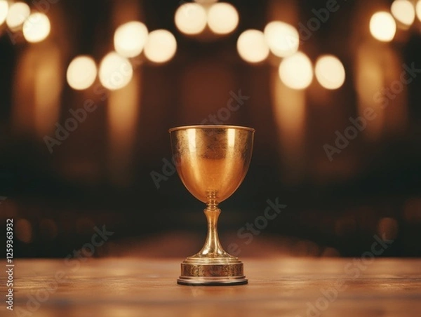 Obraz Elegant golden chalice illuminated by warm ambient lights.