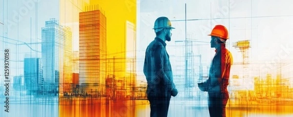 Obraz Two construction workers discuss a project in the cityscape.