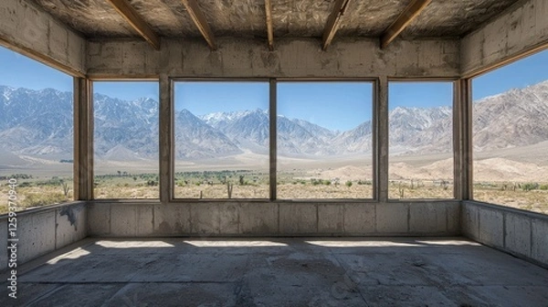 Fototapeta Panoramic view of mountains through unfinished building windows in arid landscape