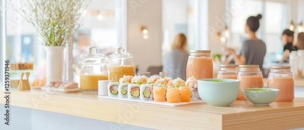 Fototapeta A sushi cart serving fresh rolls, sashimi, and miso soup, with minimalist Japanese decor and people enjoying authentic flavors