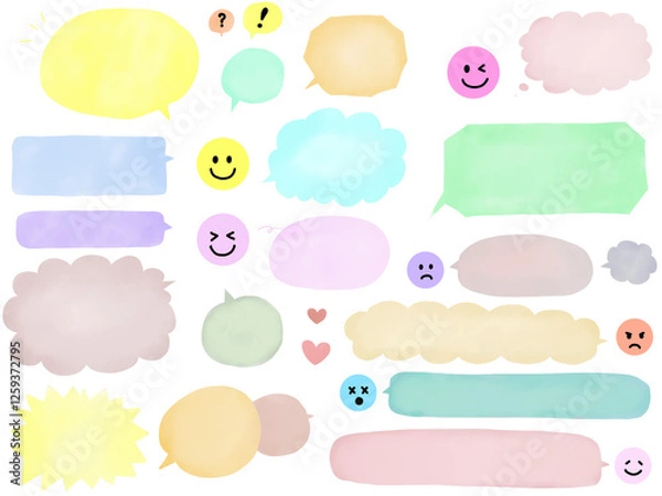 Fototapeta 水彩・カラフルな吹き出しと顔文字のセット