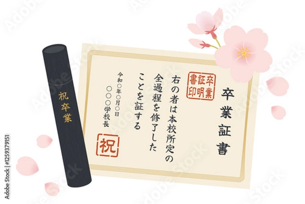 Obraz 卒業証書・丸筒／桜の花びら／卒業式／ベクターイラスト
