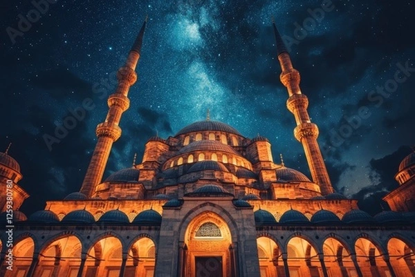 Obraz Ramadan or islam concept. Suleymaniye Mosque and the Milky Way. Laylat al-qadr or kadir gecesi with generative ai